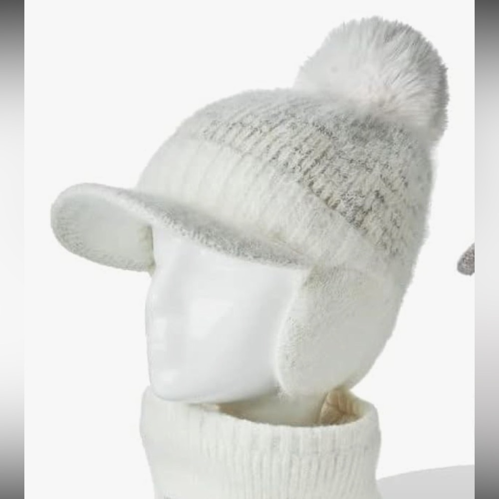 Tourance White Chiara Beanie Hat with Ear warmers and Pom